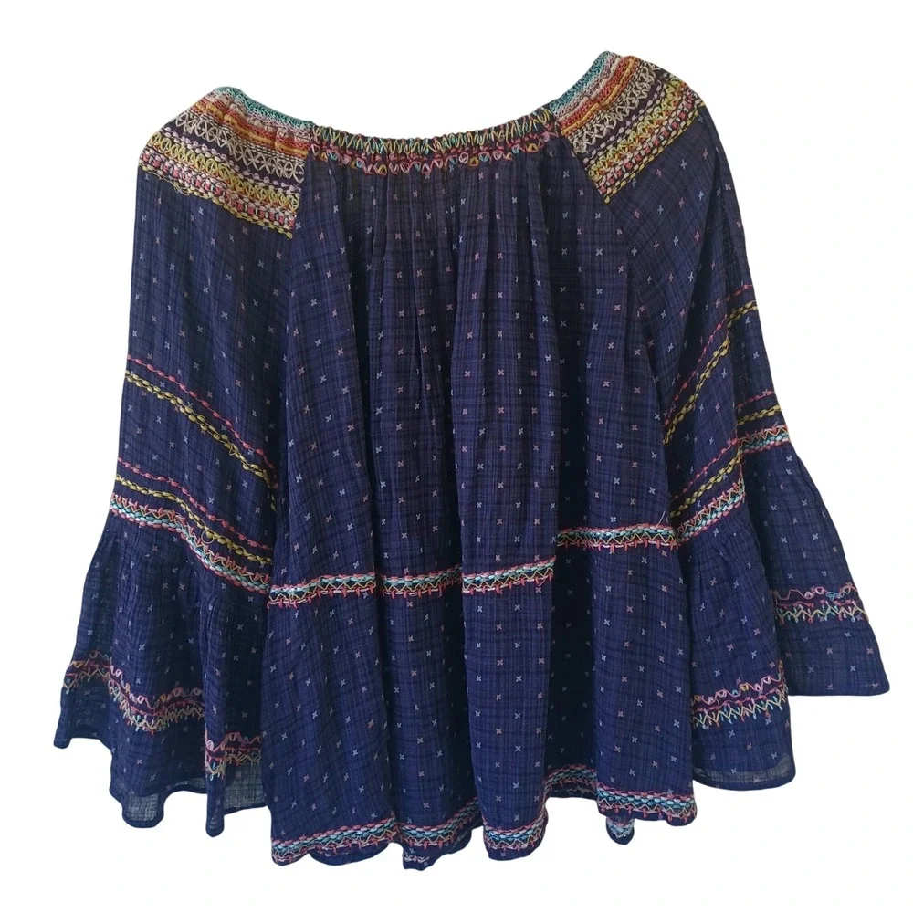 Free People Navy Blue‎ Embroidered Boho Peasant Blouse Bell Sleeve Fits S, M, L